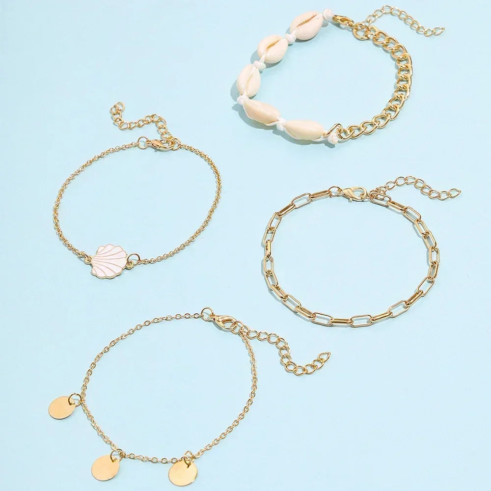 4 Pieces Bohemian Shell Chain Sequins Ankle Bracelet Set