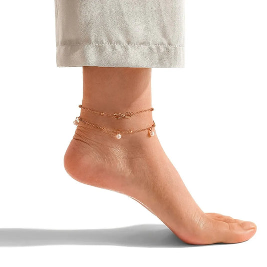 Bohemia Retro Pearl Heart Infinity Double-Deck Anklet Set