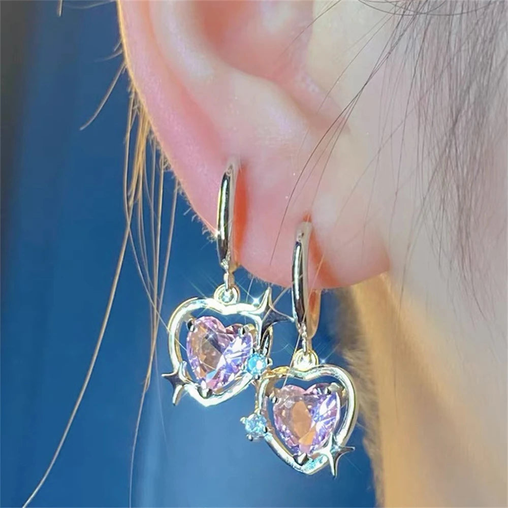 Goth Harajuku Pink Peach Heart Pendant Necklaces & Earrings Set
