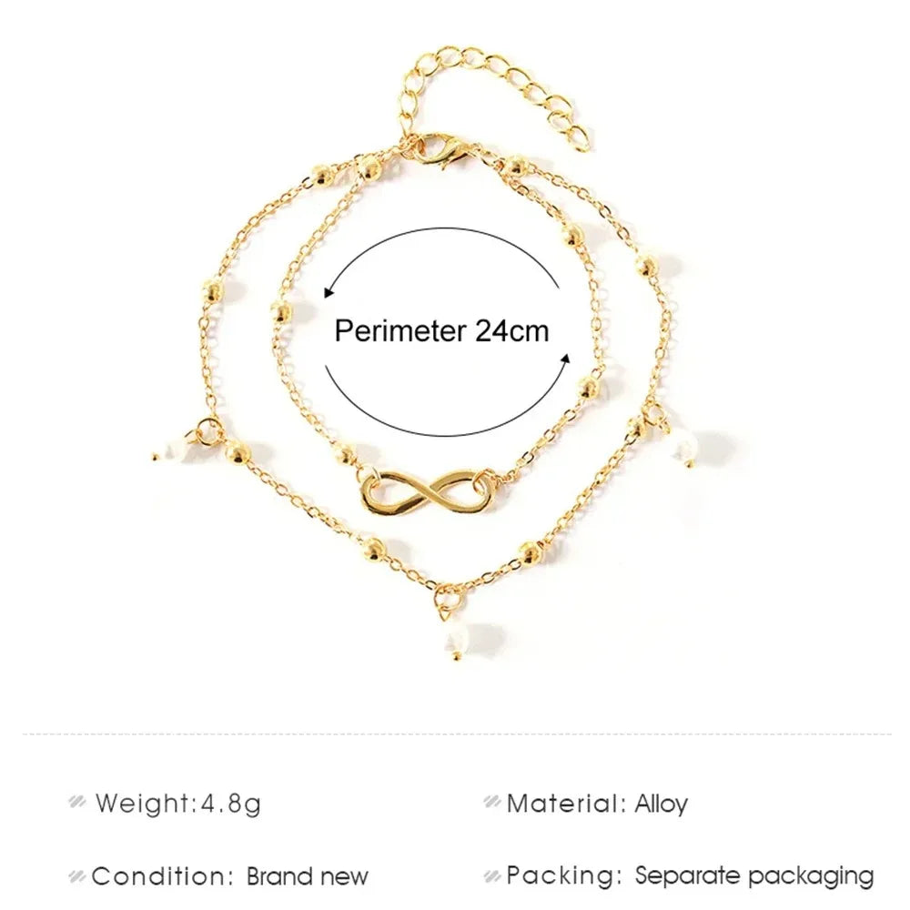 Bohemia Retro Pearl Heart Infinity Double-Deck Anklet Set