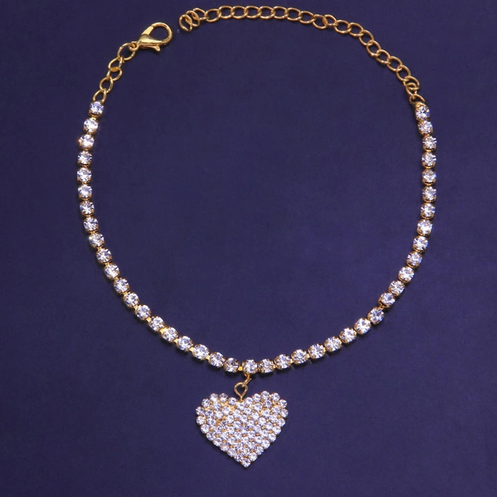 Rhinestone Heart Pendant Chain Anklet