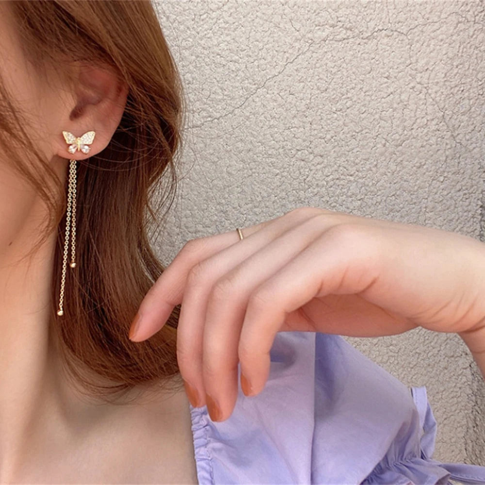 Exquisite Butterfly Long Tassel Rhinestone Earrings
