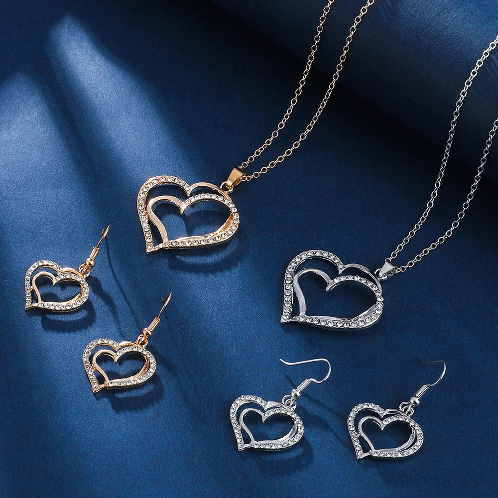 Exquisite Double Heart Necklace Earrings Jewelry Set
