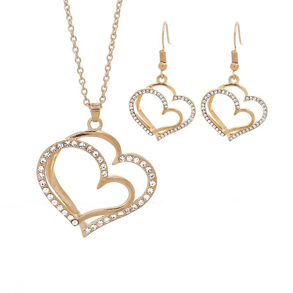 Exquisite Double Heart Necklace Earrings Jewelry Set