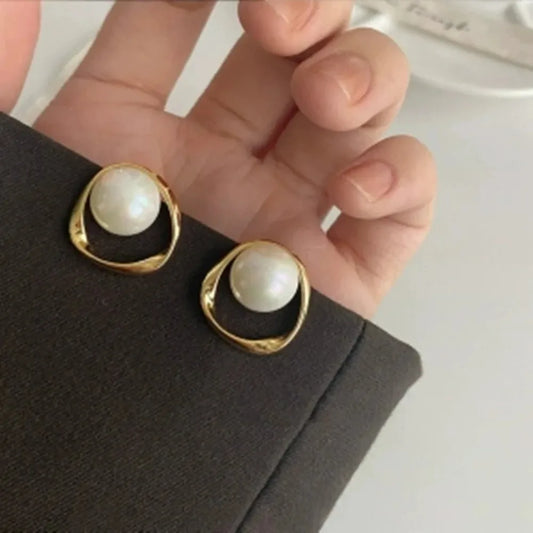 Gold Color Delicate Irregular Design Unusual Imitation Pearl Round Stud Earrings