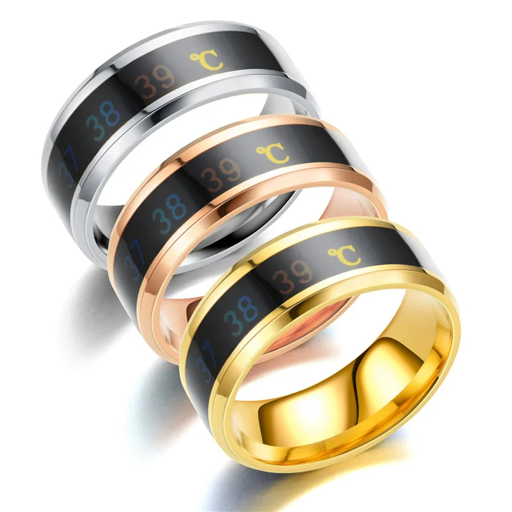 Smart Stainless Steel Waterproof Body Temperature Measuring Ring for Couples with Color-Changing Mood Feature