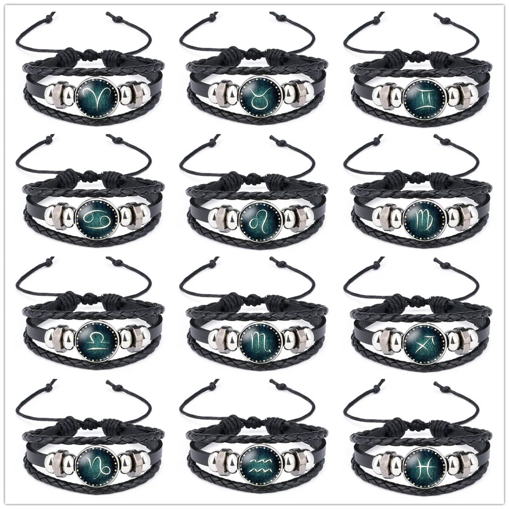 12 Constellation Luminous Leather Charms Bracelet