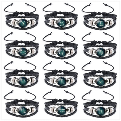 12 Constellation Luminous Leather Charms Bracelet