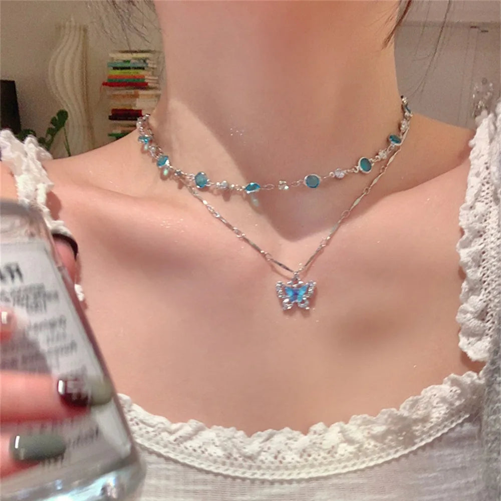 Romantic Blue Crystal Butterfly Necklace