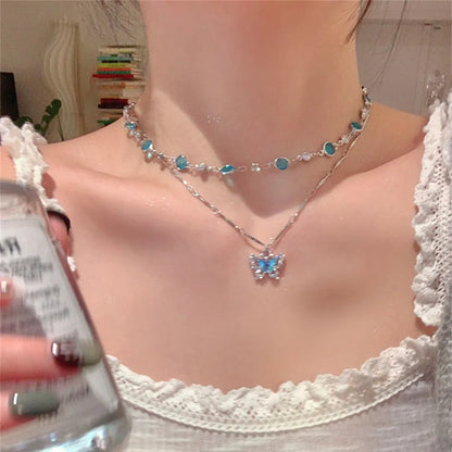 Romantic Blue Crystal Butterfly Necklace