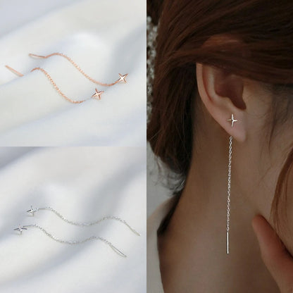 Long Wire Tassel Thread Chain Star & Heart Beads Drop Earrings
