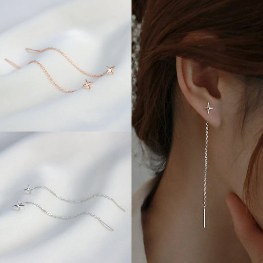 Long Wire Tassel Thread Chain Star & Heart Beads Drop Earrings