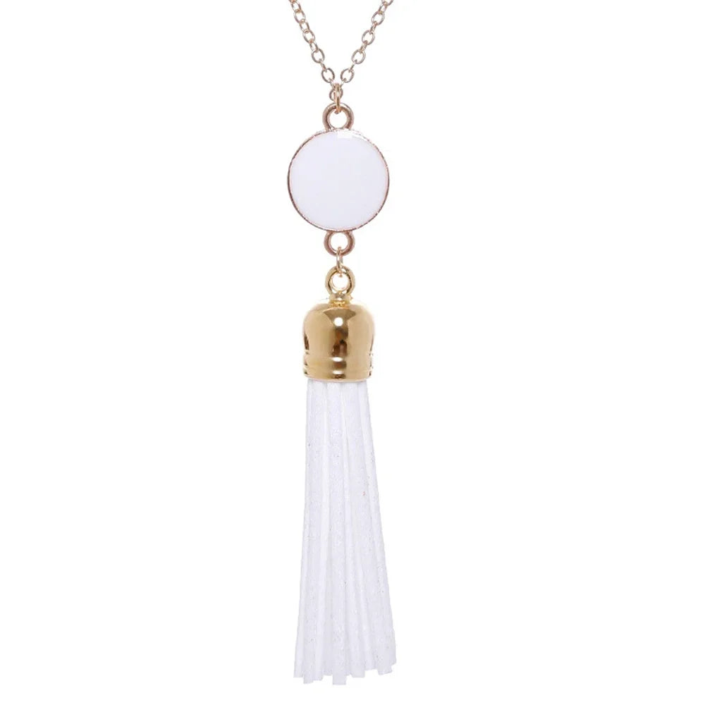 Boho Monogram Acrylic Blank Disc Long Chain Tassel Sweater Necklace