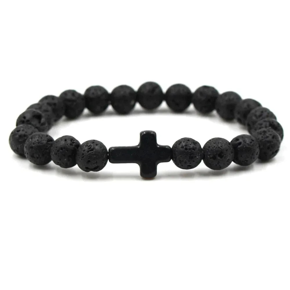 Handmade Natural Stone Cross Black Lava Beaded Strand Bracelet