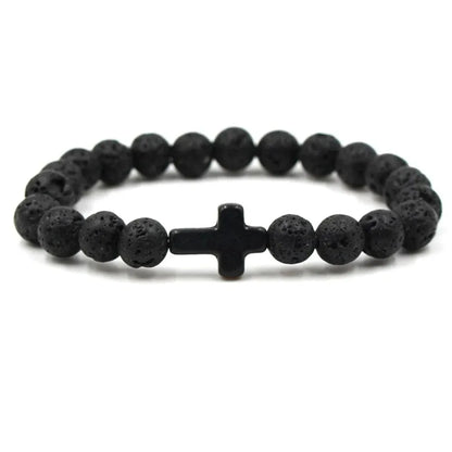 Handmade Natural Stone Cross Black Lava Beaded Strand Bracelet