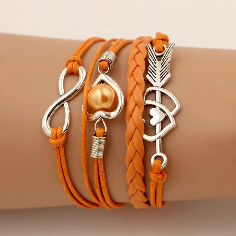 Infinity Love Heart Pearl Friendship Antique Leather Charm Bracelet