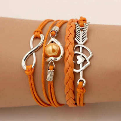 Infinity Love Heart Pearl Friendship Antique Leather Charm Bracelet