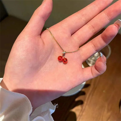 Little Wine Red Cherry Pendant Necklaces And Fruit Golden Drop Earrings Set