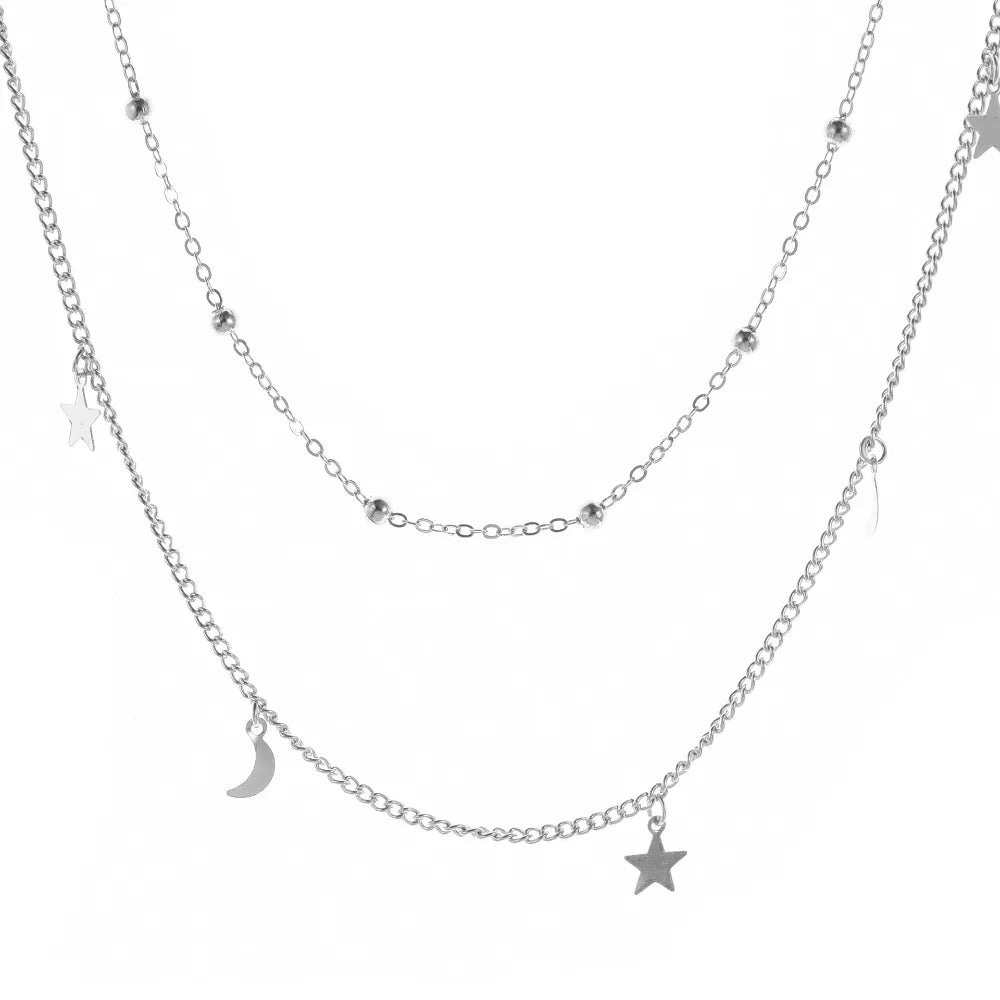 Star & Moon Pendant Clavicle Necklace