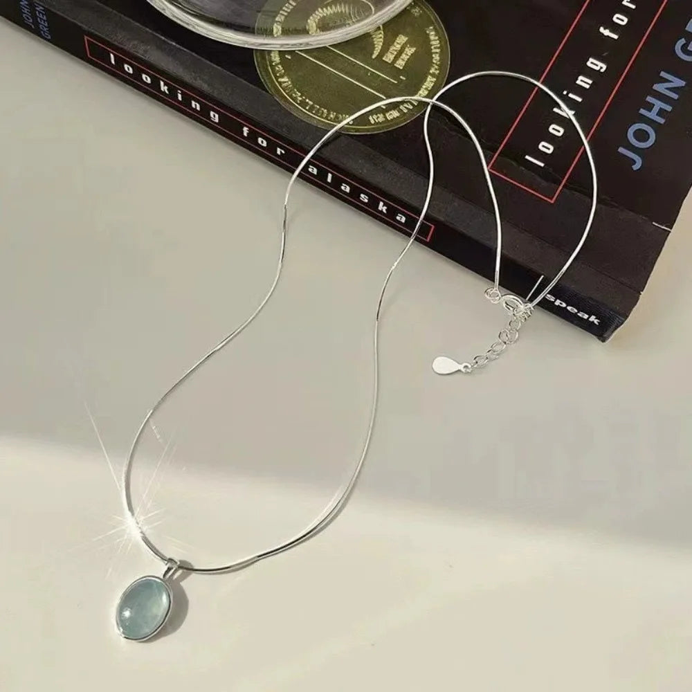 Simple Retro Oval Aquamarine Pendant Necklace