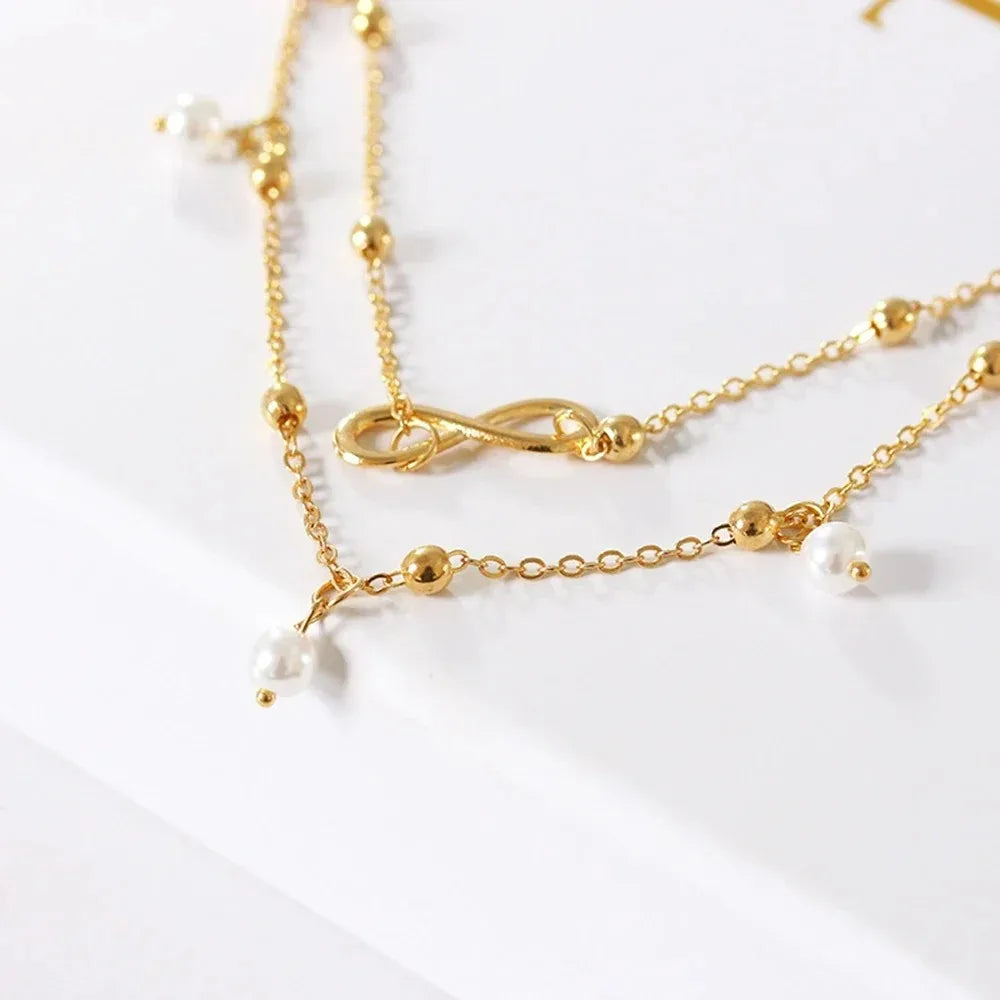 Bohemia Retro Pearl Heart Infinity Double-Deck Anklet Set