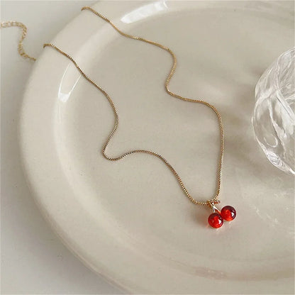 Little Wine Red Cherry Pendant Necklaces And Fruit Golden Drop Earrings Set