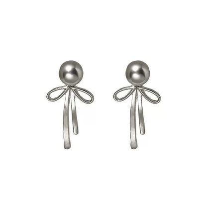 Bowknot Pendant Choker Necklace and Earrings with Gray Pearls Set