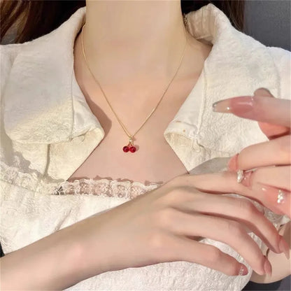 Little Wine Red Cherry Pendant Necklaces And Fruit Golden Drop Earrings Set