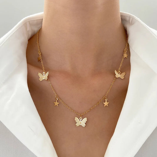 Gold And Silver Color Butterfly Stars Chain Necklace