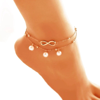 Bohemia Retro Pearl Heart Infinity Double-Deck Anklet Set