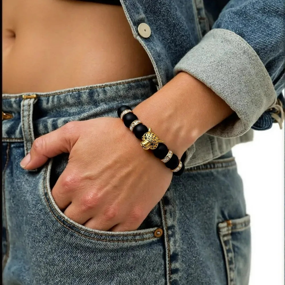 Matte Black Onyx Tiger Leopard Beaded Bracelet