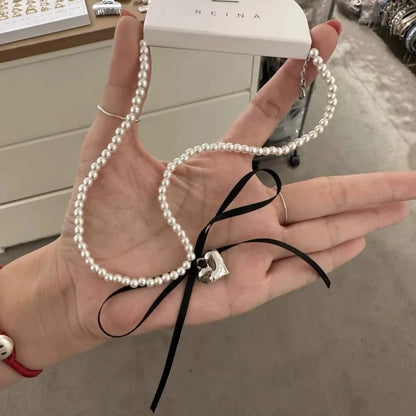 Romantic Imitation Pearl Beaded Choker Heart-Shaped Pendant Necklace