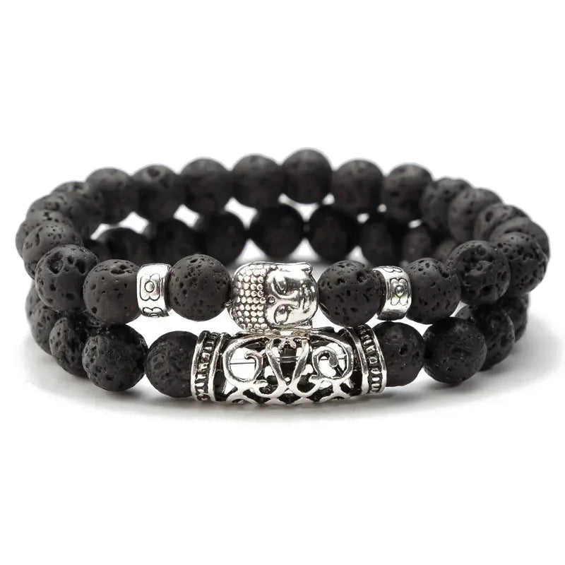 2pcs/Set Black Lava Stone Prayer Beads Buddha Men Bead Bracelet