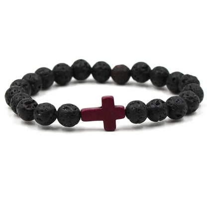 Handmade Natural Stone Cross Black Lava Beaded Strand Bracelet