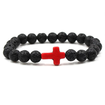 Handmade Natural Stone Cross Black Lava Beaded Strand Bracelet