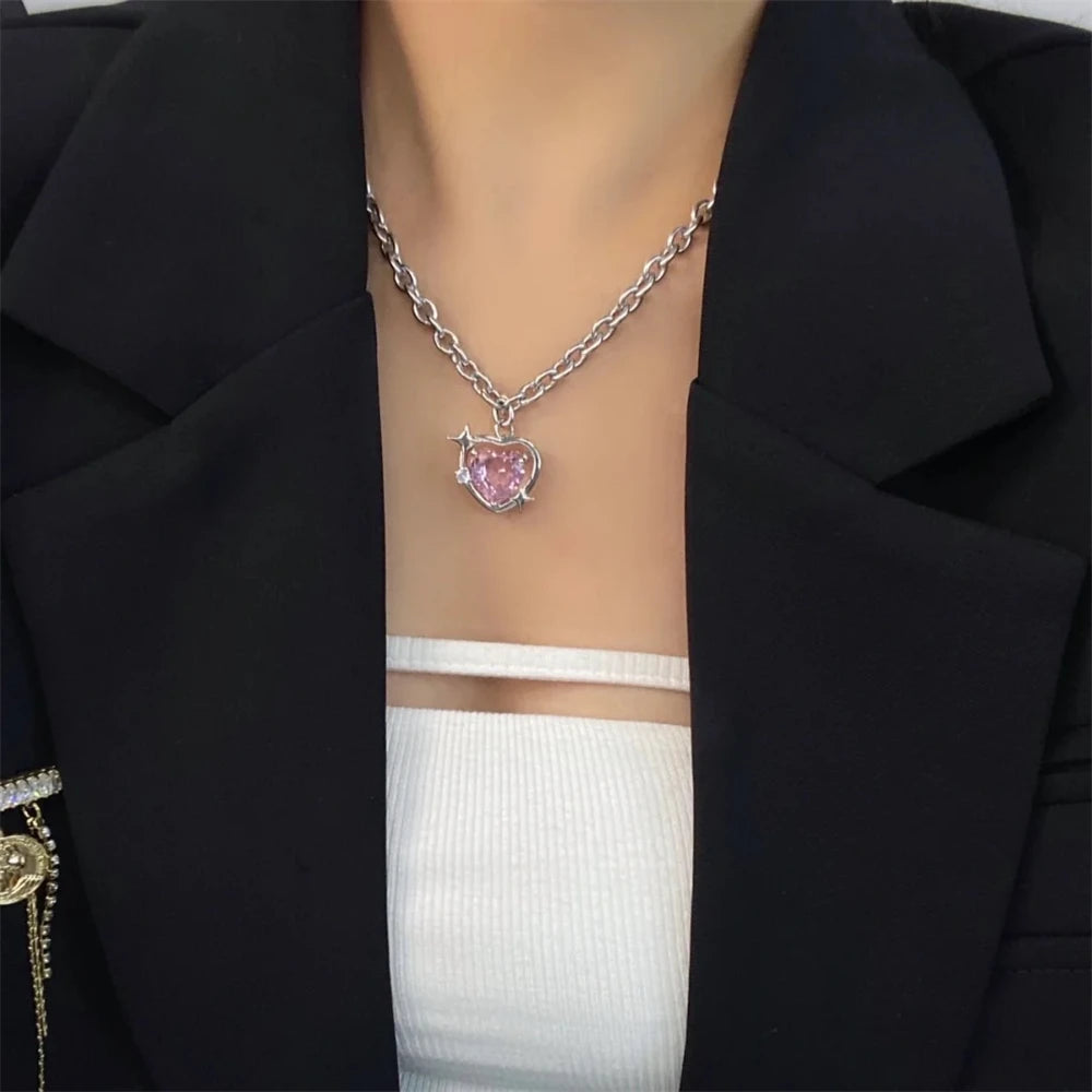 Goth Harajuku Pink Peach Heart Pendant Necklaces & Earrings Set