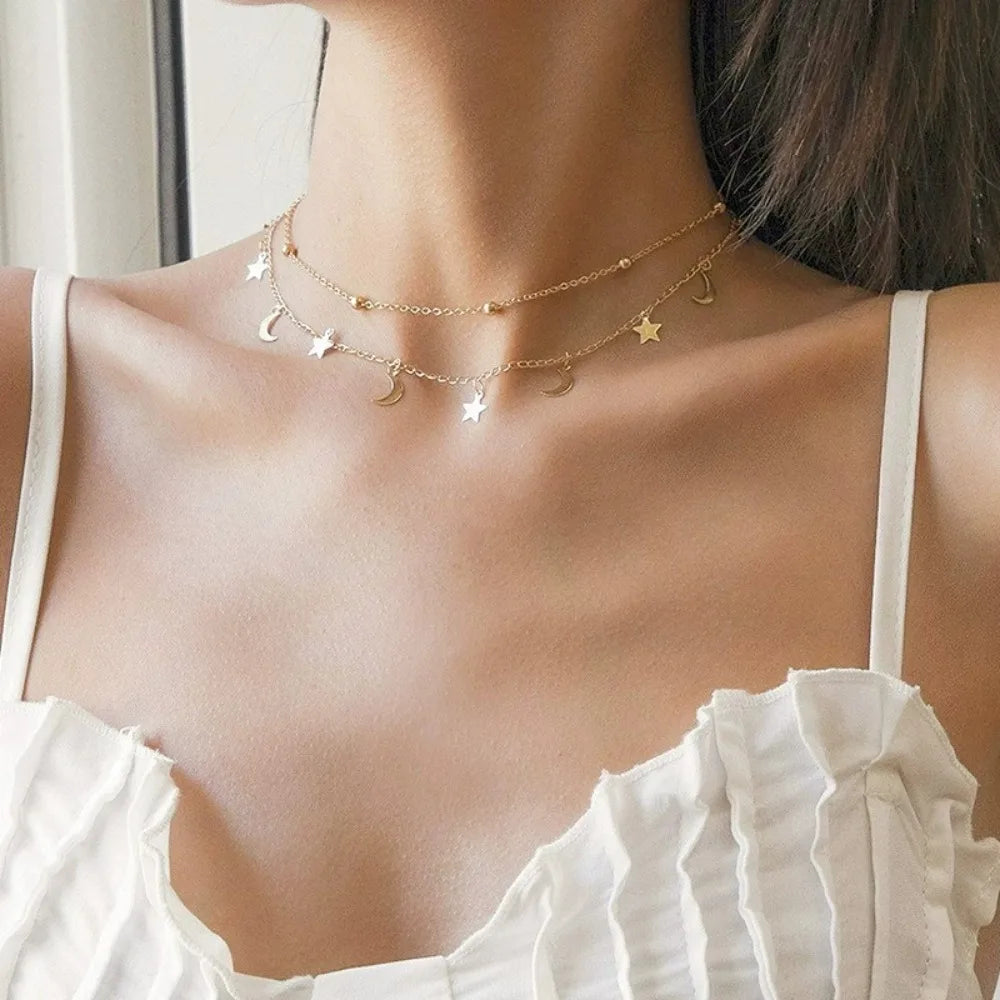 Star & Moon Pendant Clavicle Necklace