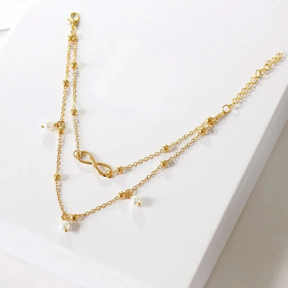 Bohemia Retro Pearl Heart Infinity Double-Deck Anklet Set