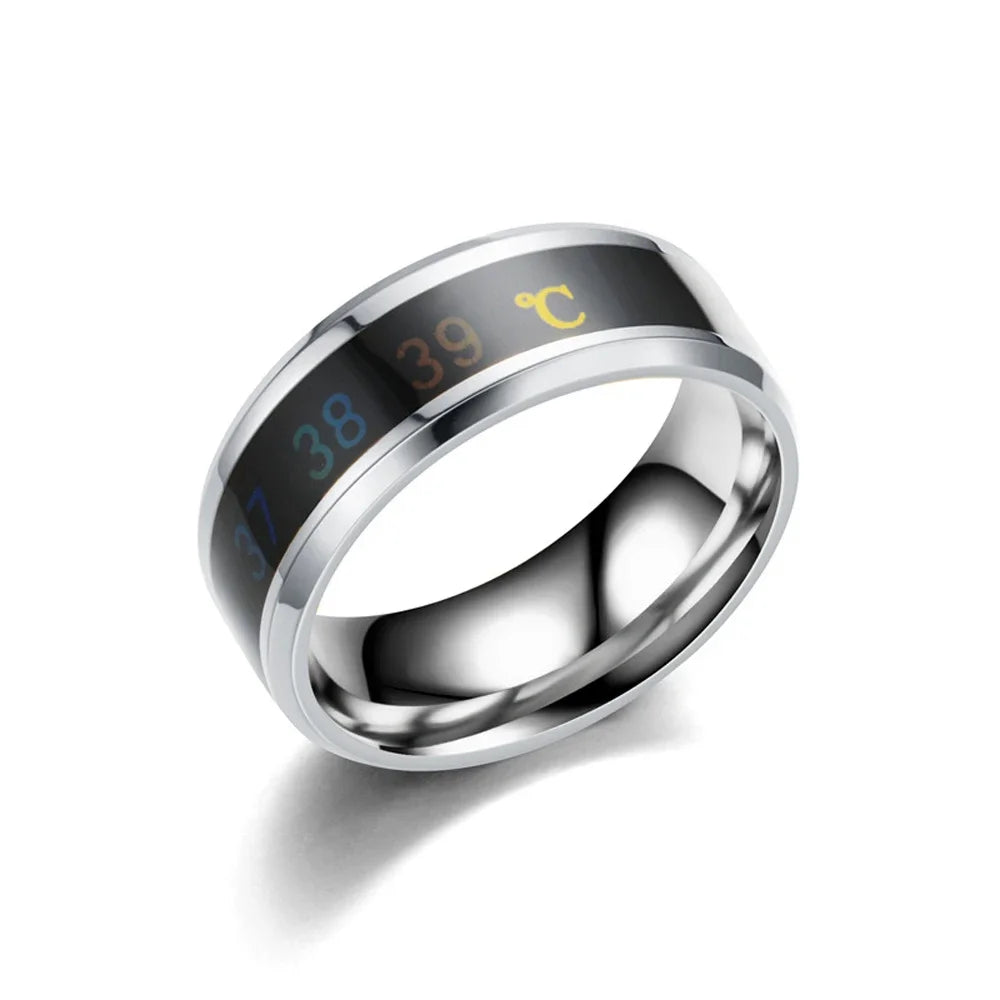 Smart Stainless Steel Waterproof Body Temperature Measuring Ring for Couples with Color-Changing Mood Feature