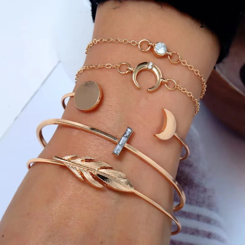 5Pcs Punk Chain Moon Leaf Crystal Geometry Open Bracelet Set