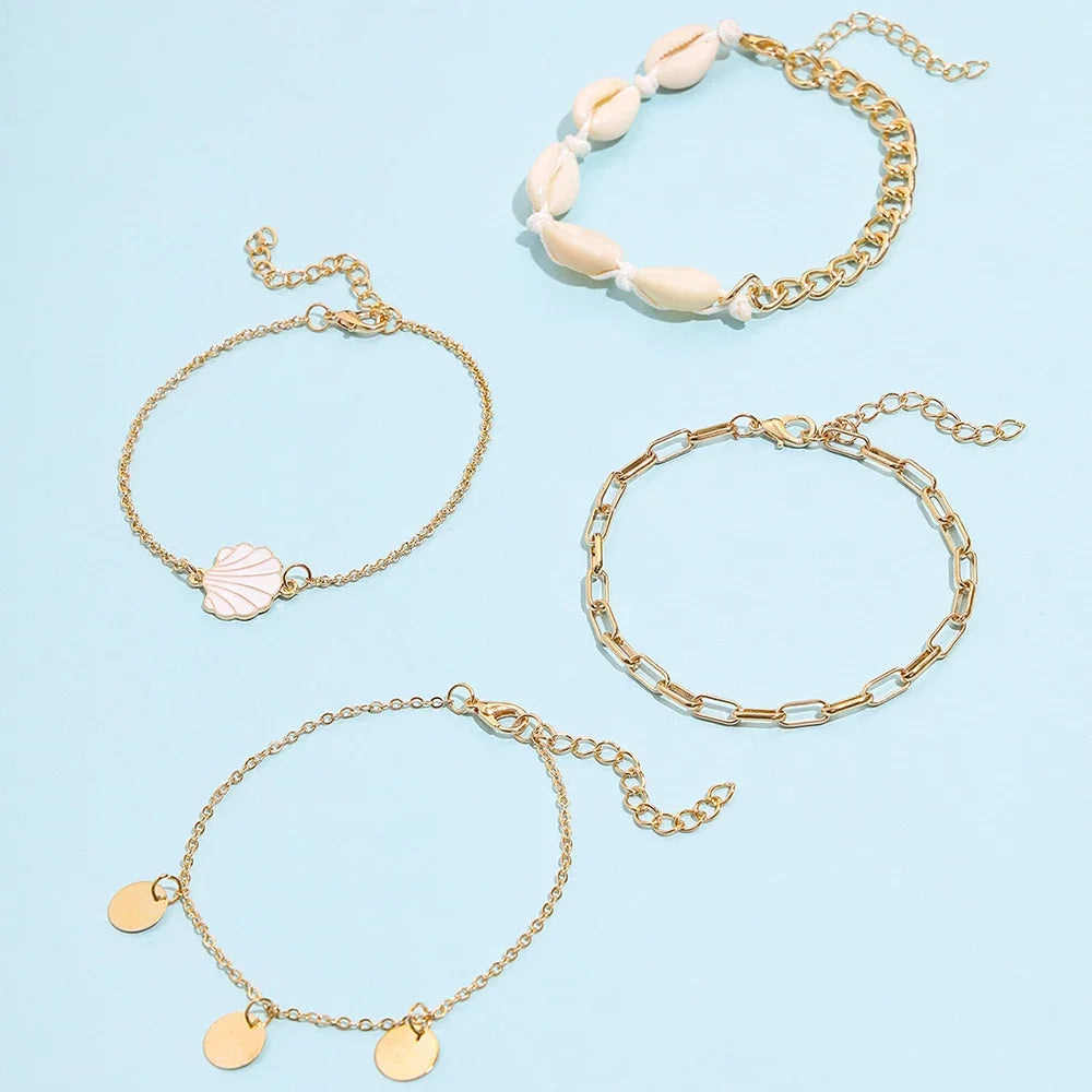 4 Pieces Bohemian Shell Chain Sequins Ankle Bracelet Set