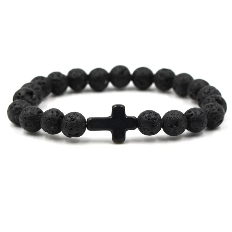 Handmade Natural Stone Cross Black Lava Beaded Strand Bracelet