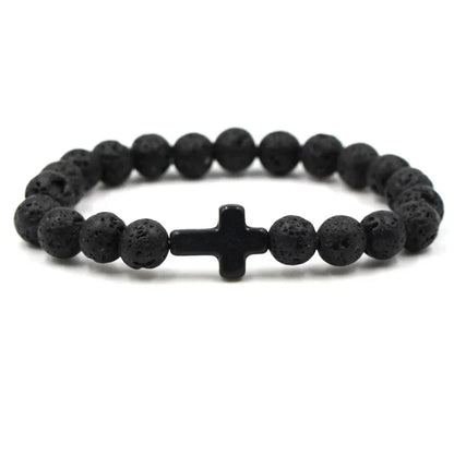 Handmade Natural Stone Cross Black Lava Beaded Strand Bracelet