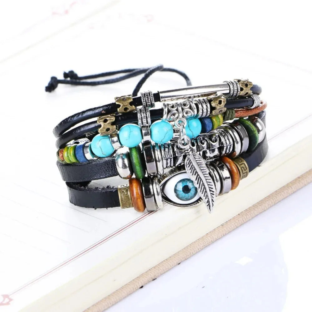 Tibet Stone Feather Multilayer Leather Charm Bracelet