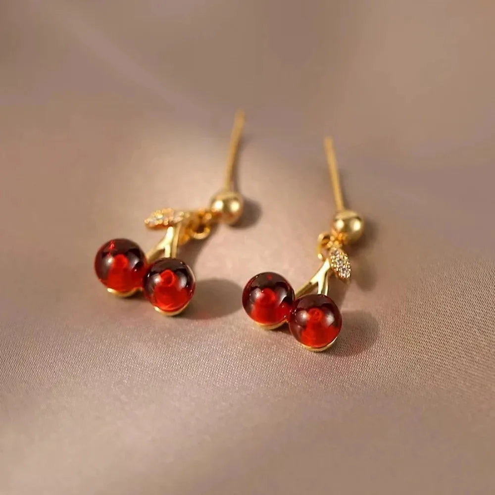 Little Wine Red Cherry Pendant Necklaces And Fruit Golden Drop Earrings Set