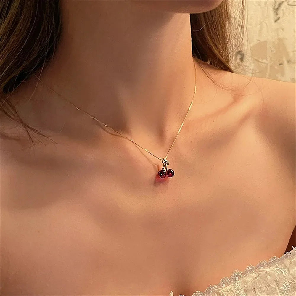Little Wine Red Cherry Pendant Necklaces And Fruit Golden Drop Earrings Set