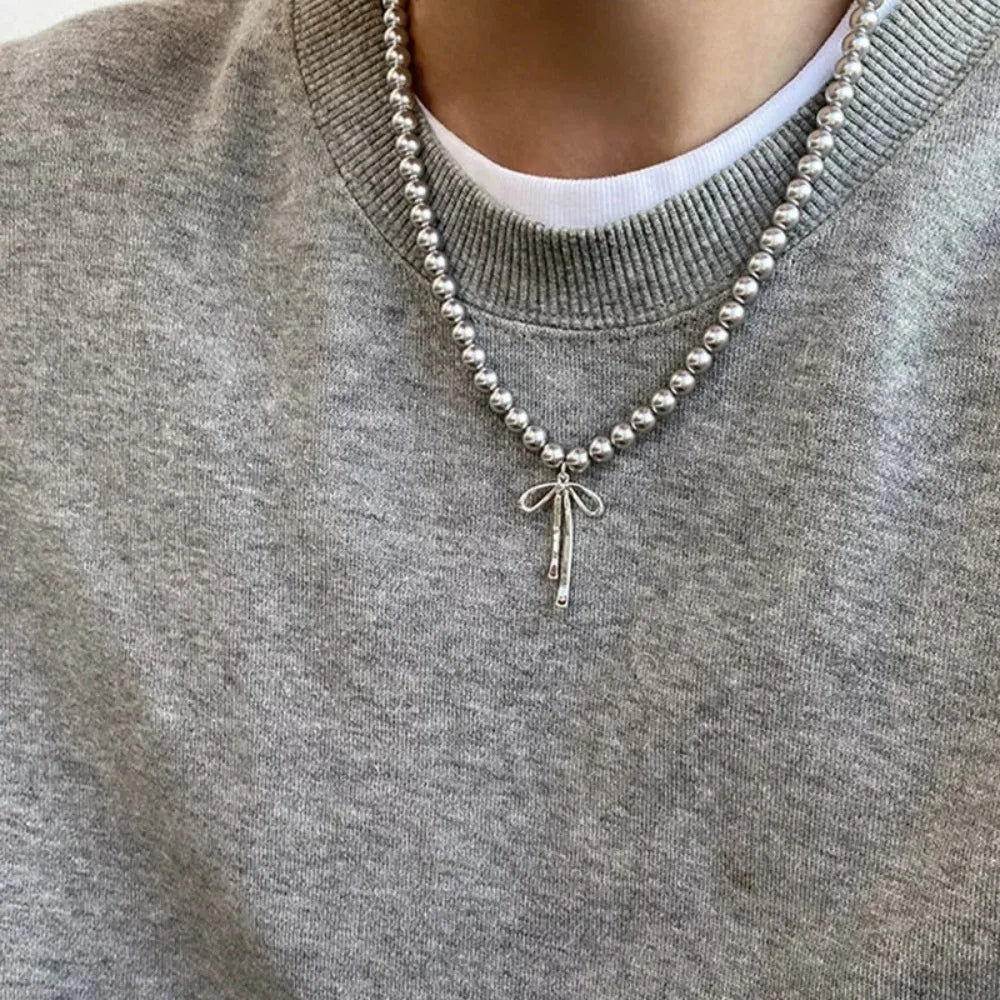 Bowknot Pendant Choker Necklace and Earrings with Gray Pearls Set
