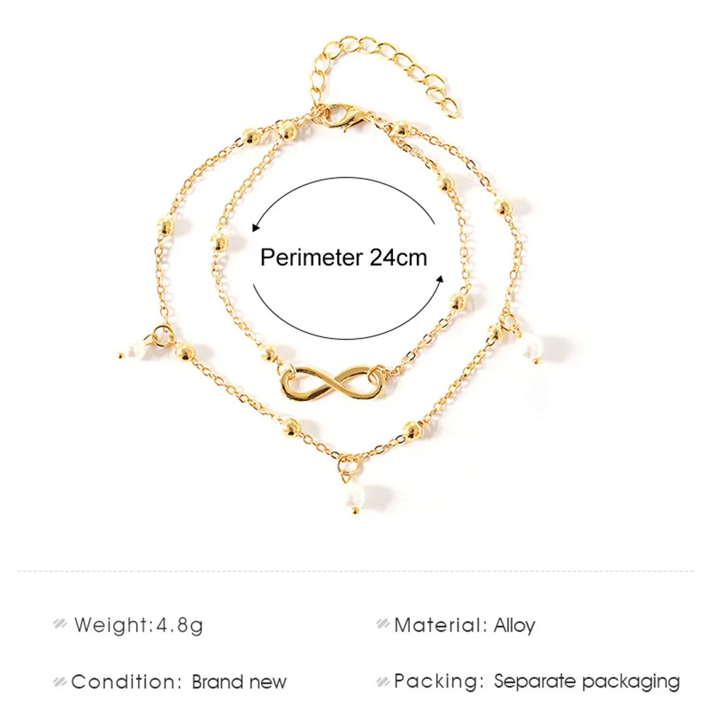 Bohemia Retro Pearl Heart Infinity Double-Deck Anklet Set