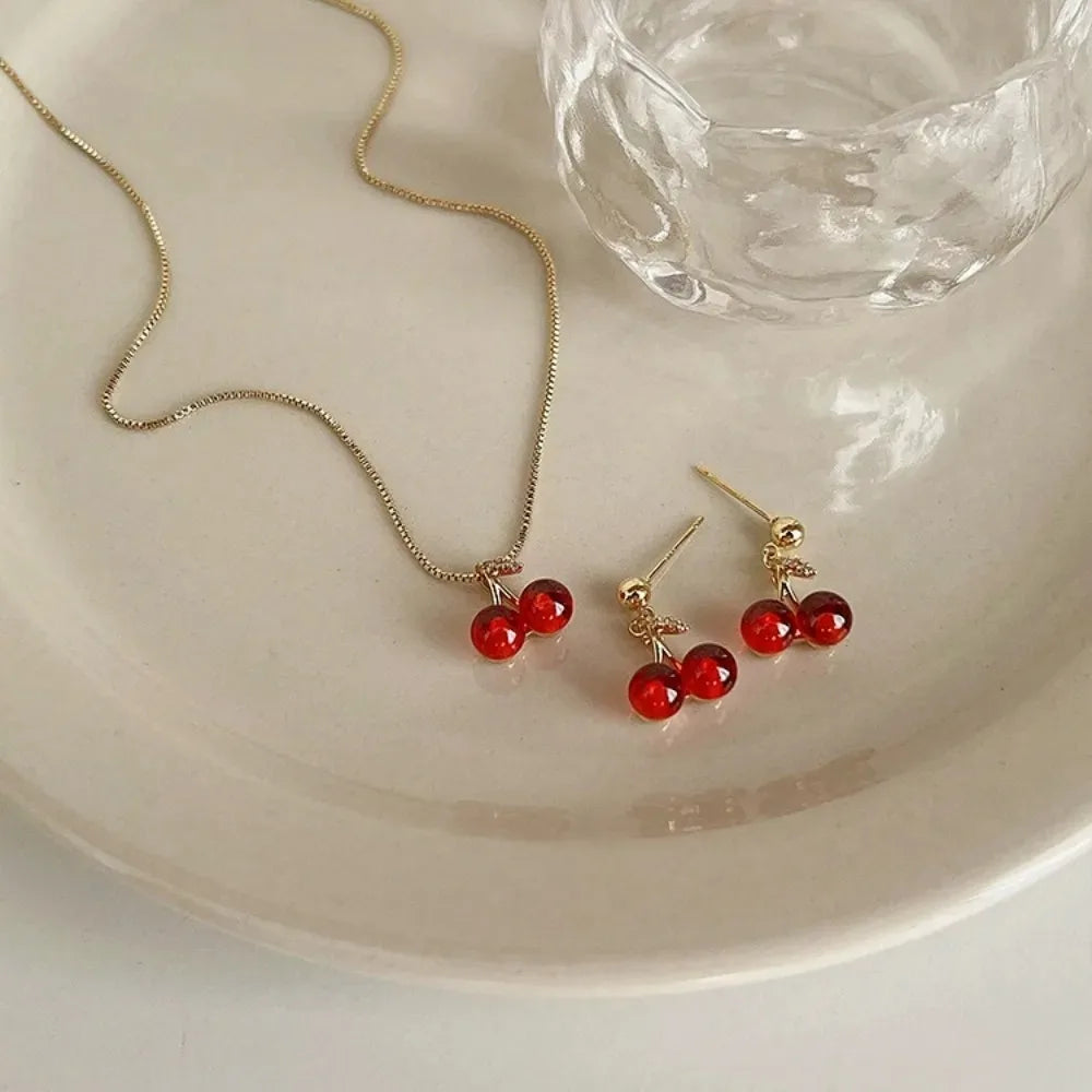 Little Wine Red Cherry Pendant Necklaces And Fruit Golden Drop Earrings Set