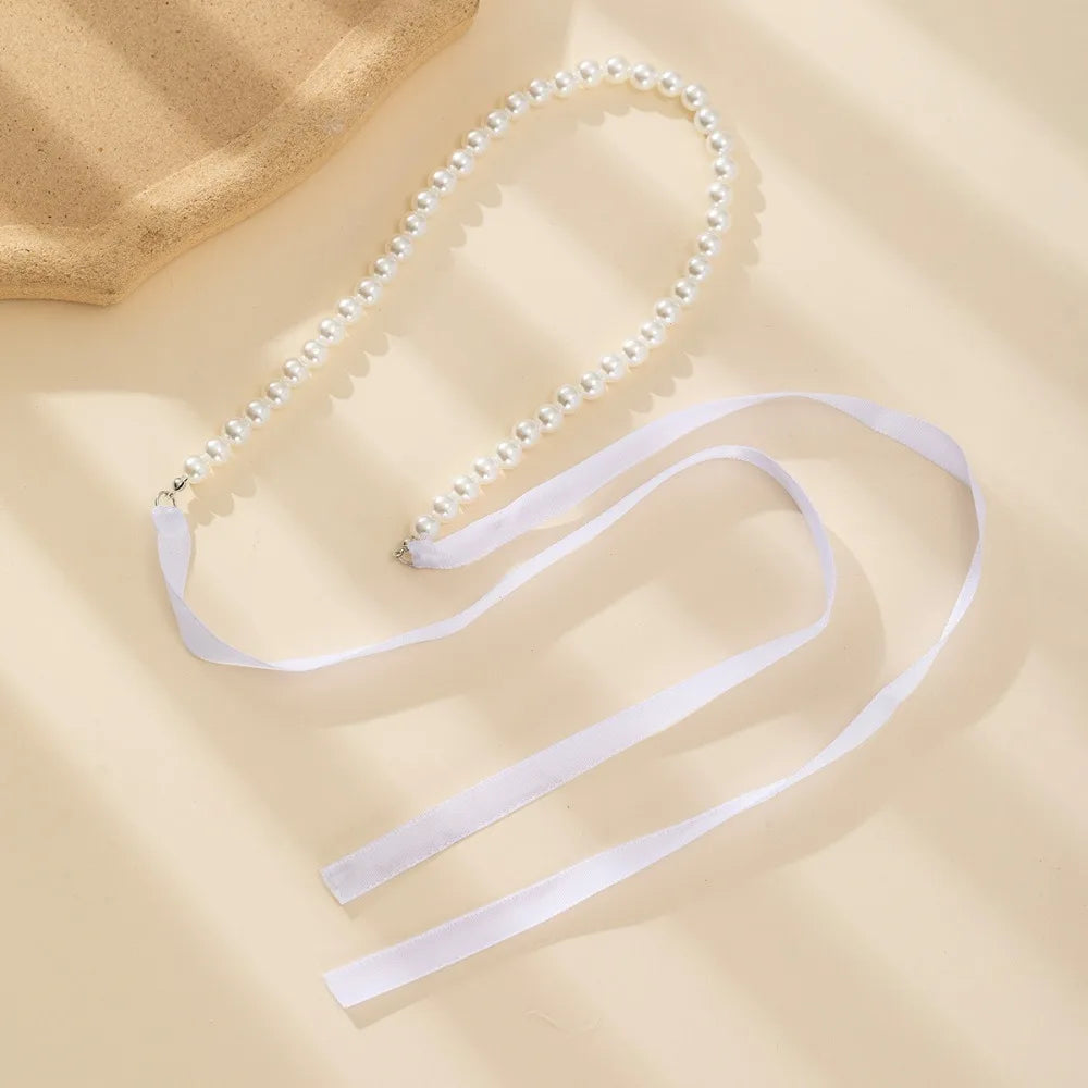 Elegant Adjustable Bow Necklace with Korean Romantic Imitation Pearl Beaded Choker